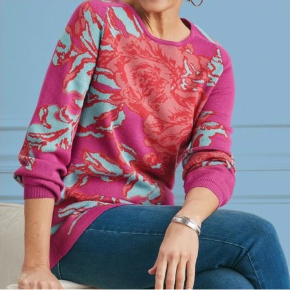 Soft Surroundings Pink and Blue Floral Sweater Size Small